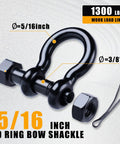 Badass 5/16 Inch Black Bow Shackles Featuring A Rock Solid 3/8 Pin And Wide 1/2 Jaw Heavy Duty Marine Grade 316 Stainless Steel Anchor Rigging Hardware With Cotter Pins 2 Pack Hella Durable Boat Gear close-up with size measurements.