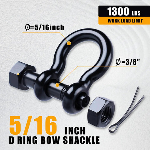 Badass 5/16 Inch Black Bow Shackles Featuring A Rock Solid 3/8 Pin And Wide 1/2 Jaw Heavy Duty Marine Grade 316 Stainless Steel Anchor Rigging Hardware With Cotter Pins 2 Pack Hella Durable Boat Gear close-up with size measurements.