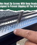 Close-up of Gutter Screw Kit Half Inch 8 Stainless Steel Zip Screws With Self Piercing Xtra Sharp Tip being installed in gutter