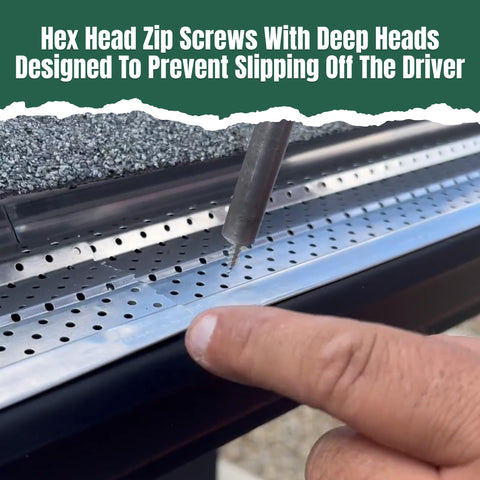 Close-up of Gutter Screw Kit Half Inch 8 Stainless Steel Zip Screws With Self Piercing Xtra Sharp Tip being installed in gutter