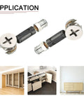 Three In One Furniture Connector Kit for wardrobes, cupboards, bookshelves with cam lock nuts and dowel screws shown in use