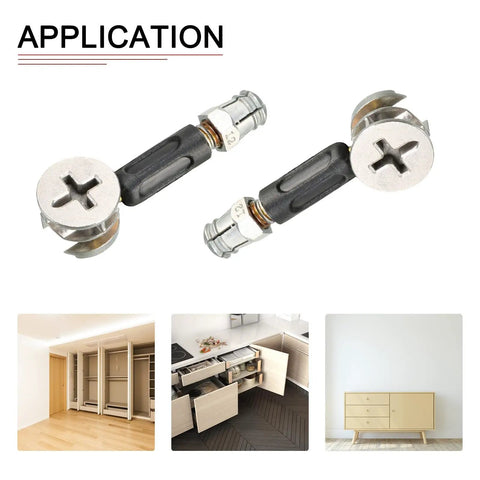 Three In One Furniture Connector Kit for wardrobes, cupboards, bookshelves with cam lock nuts and dowel screws shown in use