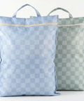 Two Pack Large Wet Dry Bags For Swimwear And Laundry in checkered design with zippers and handles, shown in blue and green colors.