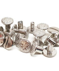 Heavy Duty Quarter Inch Chicago Screws 10 Pack Nickel Plated Floral Engraved Turnbuckle Fasteners for leather gear and saddle repairs.