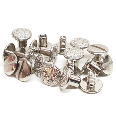 Heavy Duty Quarter Inch Chicago Screws 10 Pack Nickel Plated Floral Engraved Turnbuckle Fasteners for leather gear and saddle repairs.