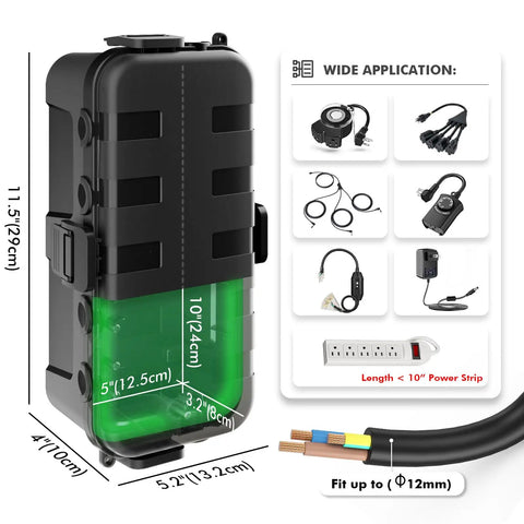 Hella Rugged Outdoor Electrical Box Waterproof Rain Guard Boss Grade Extension Cord Cover With Rubber Sealed Ports IP54, black and green design
