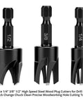 Straight Up Heavy Duty Tapered Plug Cutters Three Piece HSS Set showing 1/4, 3/8, 1/2 inch sizes for quick change drill use.