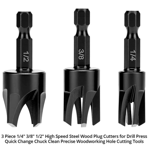 Straight Up Heavy Duty Tapered Plug Cutters Three Piece HSS Set showing 1/4, 3/8, 1/2 inch sizes for quick change drill use.