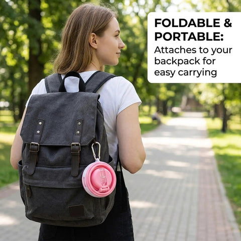 A woman carrying a backpack with a pink Foldable Water Bottle With Leak Proof Locking Lid For Outdoor Adventures attached.