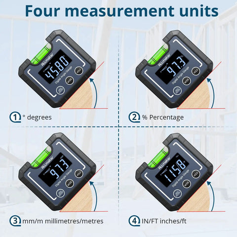 Heavy Duty Digital Angle Finder And Smart Inclinometer With Rock Solid Magnetic Base displaying measurement units on screen.