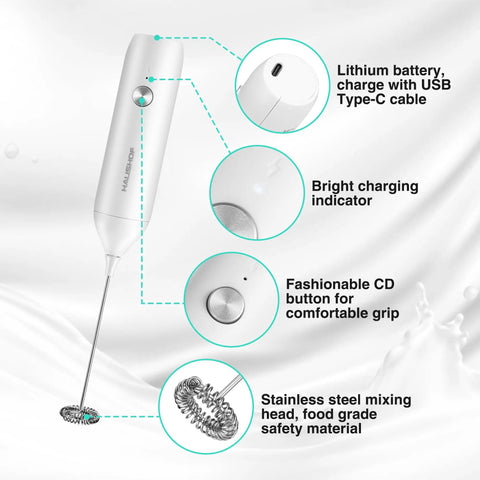 Top Shelf Handheld Rechargeable Milk Frother Wand And Electric Coffee Mixer Whips Up Lush Silky Foam For Your Daily Routine With Zero Sweat Or Hassle close-up on features including USB Type-C charge, stainless steel head.