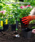 Person planting with 120 Pcs Small Square Plastic Nursery Pots 4 Inch Seedling Plant Pots With Drainage Holes Reusable Grow Containers