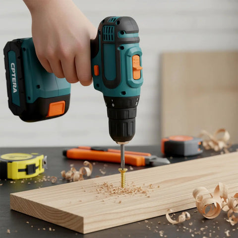 A hand using a power drill with a screw on wood, showcasing the 1300 Piece Wood Screw Kit Featuring M2 M2.5 M3 Flat Head Self Tapping Design Crafted From Heavy Duty Carbon Steel With Knockout Rust Resistance And No Fuss Installation For Weekend Warrior Projects.