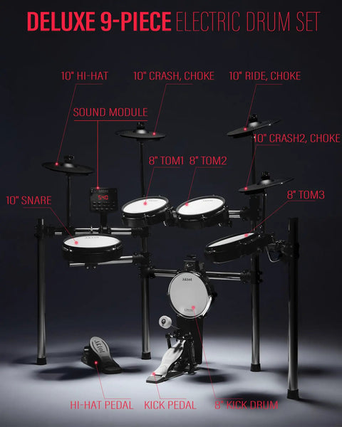 Electric Drum Set With Tower Kick And Dual Zone Mesh Pads for Real Feel, 10" Snare, Dual Zone Cymbals, USB MIDI, Throne, 360 Sounds