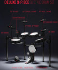 Electric Drum Set With Kick Tower And Mesh Pads Jam Ready 8 Inch Tower Kick Drum 10 Inch Dual Zone Snare 10 Inch Dual Zone Cymbals With Choke 360 Sounds USB MIDI User Kit Throne Included set up on stage.