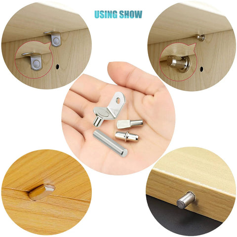 104 Pieces Shelf Pins Kit Four Styles Nickel Plated Shelf Support Pegs for shelves, cabinets, and closets in hand display
