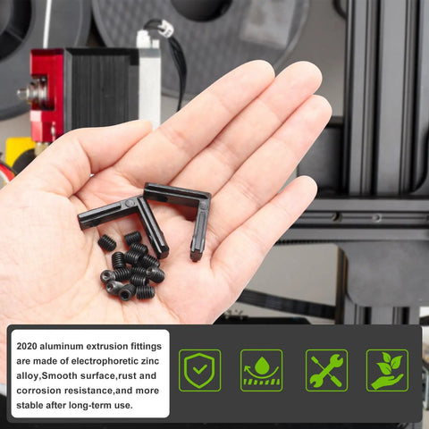 Heavy Duty 2020 Aluminum Extrusion Hardware Kit L-shape connectors and screws in hand black zinc alloy