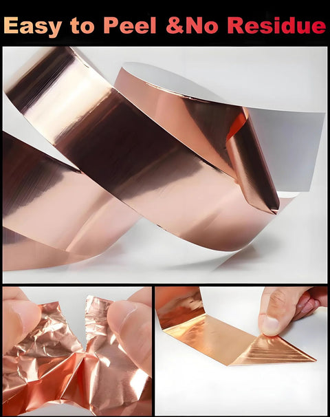 Copper foil tape collage: curved copper strips with peeling backing; 1/2in x 50ft, conductive adhesive.