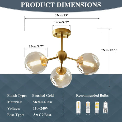 Amber Glass Bubble Sputnik Chandelier In Brass Gold Finish, 3 Light Semi Flush Mount Ceiling Light dimensions and details