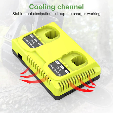 Dual Port 18V Battery Charger For Ryobi Tools That Powers Two Batteries At Once, Compatible P117 P118, cooling channel feature
