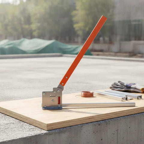 Manual Rail Cutter Tool Hand Operated Bench Mount Compact Heavy Duty Metal Rail Cutter with lever arm on wooden surface.
