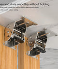 Industrial locking 90-degree foldable hinge brackets mounted under wooden table legs; metal chrome finish, pair