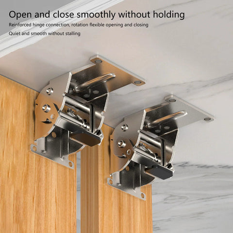 Two stainless steel 180-degree foldable leg brackets with industrial locking hinges installed under a wooden tabletop