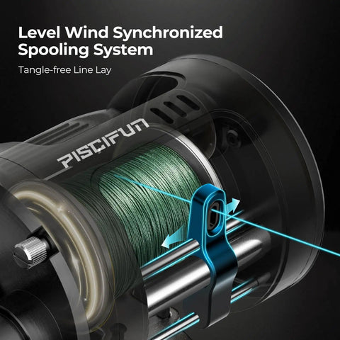 Chaos Pro Baitcasting Fishing Reel With CNC Machined Aluminum Unibody 25Lb Max Drag, level wind synced spooling system close-up