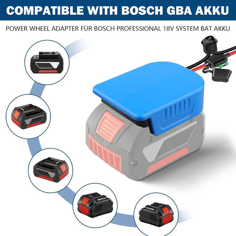 Bosch 18V Battery Power Wheels Adapter Kit Two Pack For Li Ion GBA Battery DIY Converter shown with fuse and blue cap