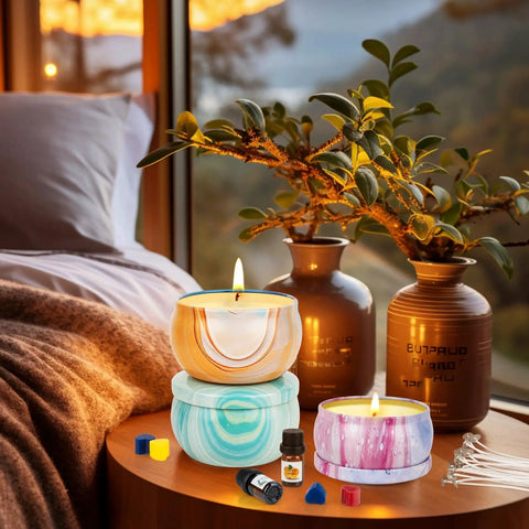 Lit candles from All In One DIY Candle Making Kit for Adults With Beeswax Essential Oils Dyes Wicks And Tins on bedside table