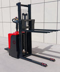 Heavy Duty Electric Walkie Pallet Stacker With 1000Kg To 3000Kg Lift Capacity shown in red and black, designed for warehouse material handling.