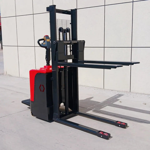 Heavy Duty Electric Walkie Pallet Stacker With 1000Kg To 3000Kg Lift Capacity shown in red and black, designed for warehouse material handling.