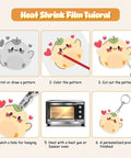 Step-by-step heat shrink film tutorial for DIY projects from Shrink Paper Kit For Kids Complete Craft Set With 150 Pcs Sheets 130 Pcs Keychains And 100 Open Irons For DIY Jewelry And Creative Crafts For Kids Fun Projects.
