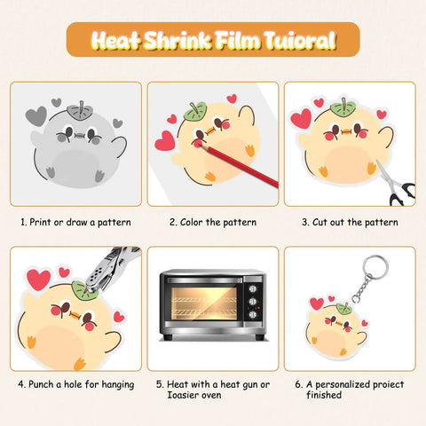 Step-by-step heat shrink film tutorial for DIY projects from Shrink Paper Kit For Kids Complete Craft Set With 150 Pcs Sheets 130 Pcs Keychains And 100 Open Irons For DIY Jewelry And Creative Crafts For Kids Fun Projects.