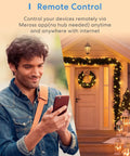 Man using phone for Outdoor Smart Plug With Dual Grounded Outlets, Weatherproof WiFi Outlet remote control near decorated home entrance.