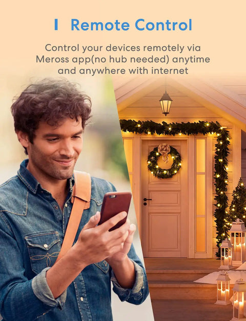 Person using smartphone for Outdoor Smart Plug With Voice Control And Hands Free Scheduling near decorated home entrance
