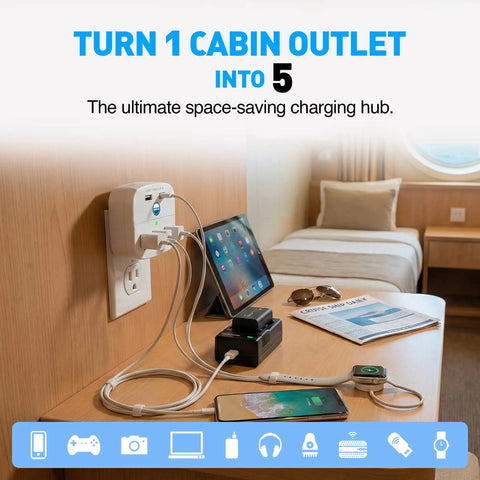Cruise Ship Ready Must Have Power Strip With Two USB Ports, Non Surge Protector, Compact 120V Outfit For Shipboard Use