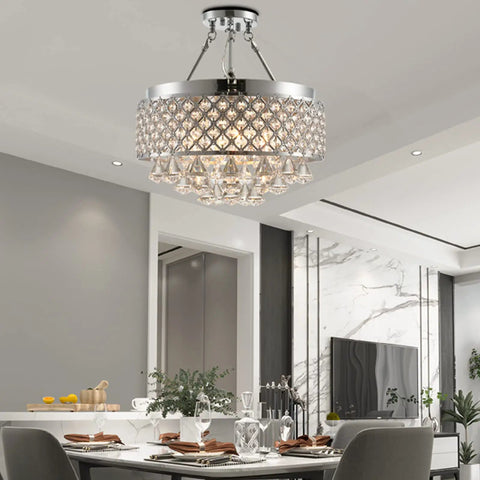 Sleek Modern Crystal Chandelier Pendant Light With Sparkling Raindrop Crystals, Semi Flush Mount, 4-Light Round Metal Ceiling Fixture