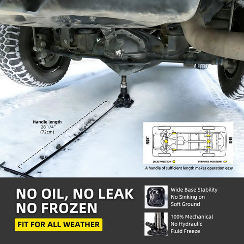 Heavy Duty Mechanical Screw Truck Jack Oil Free Build Featuring Precision Steel Gears 2 Ton 4000 Lb Capacity positioned under a vehicle in snow.