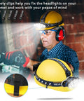 Man wearing Go-To Rechargeable Headlamp With 8 LED Lights on yellow helmet, safety clips shown, brick background.