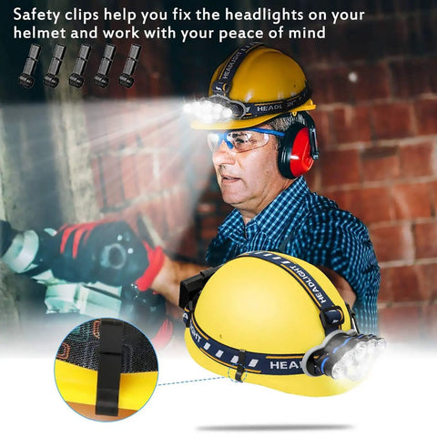 Man wearing Go-To Rechargeable Headlamp With 8 LED Lights on yellow helmet, safety clips shown, brick background.