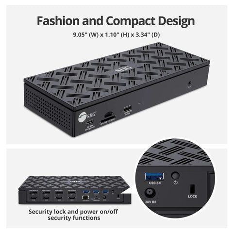 Total Game Changer DisplayLink USB C Dock For Laptop Battlestation Quad 4K 60Hz Monitor Support Sweet 100W PD Charging Hub, compact size and ports shown.