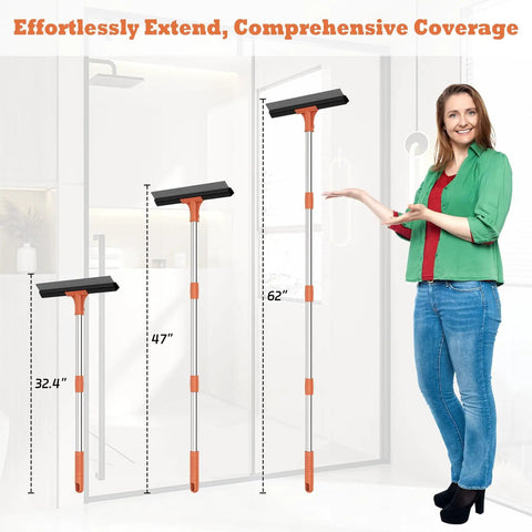 All Purpose 18 Inch Heavy Duty Floor Squeegee With Wear Resistant Rubber Blade And 62 Inch Long Stainless Steel Handle For Concrete Garage Tiles Deck Shower Glass And Window Cleaning shown with adjustable handle next to person
