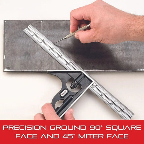 Heavy Duty Square Head for 6 Inch Combination Squares Built to Last Cast Iron Construction Resists Abrasion and Indentation Perfect For Machinists Woodworking and DIY Projects. 6-inch cast iron square head with blade on steel surface