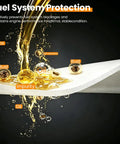 Fuel system protection visual showing oil and impurities filtering through material, demonstrating performance improvement design.