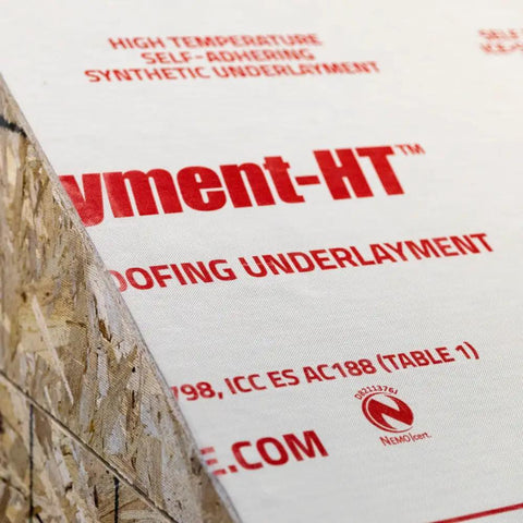 Cut Through Frost And Slush Fast With This High Temp Resistant Synthetic Ice And Snow Barrier Plus Heavy Duty Outdoor Ground Shield And Quick Roll Weather Protection Mats For Driveways showing a roll of synthetic underlayment on an OSB board.