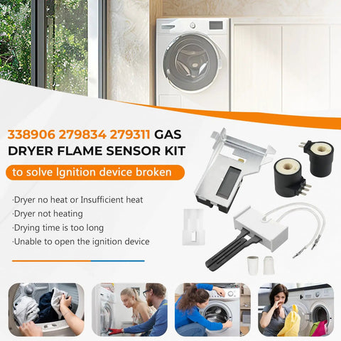 Upgraded Gas Dryer Repair Kit with Igniter and Gas Valve Coils for Whirlpool Kenmore Dryers WP338906 338906 Flame Sensor