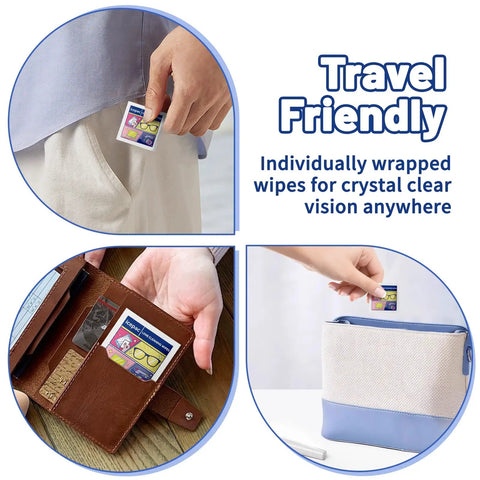 300 Count Lens Wipes For Eyeglasses And Sunglasses Premoistened Individually Wrapped Scratch Free Streak Free Quick Clean Eye Glass Cleaner Wipes For Glasses Camera Lenses And Goggles shown for travel use in pocket, wallet, and pouch.