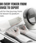 Pro Fencing Glove For Foil, Epee, And Saber shown with fencing mask and equipment on white background.