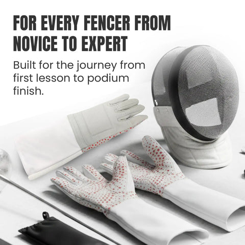 Pro Fencing Glove For Foil, Epee, And Saber shown with fencing mask and equipment on white background.